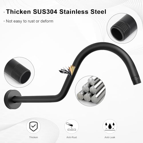 S Shaped Shower Arm, High Rise Shower Head Extension Pipe Standard 1/2" Connection with Flange, Awesome Shower Experience-Stainless Steel Bathroom Accessory(16 Inch J-S Shape, Matte Black) - color: Matte Black, style: 16" J Shape