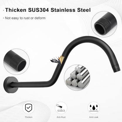 S Shaped Shower Arm, High Rise Shower Head Extension Pipe Standard 1/2" Connection with Flange, Awesome Shower Experience-Stainless Steel Bathroom Accessory(16 Inch J-S Shape, Matte Black) - color: Matte Black, style: 16" J Shape