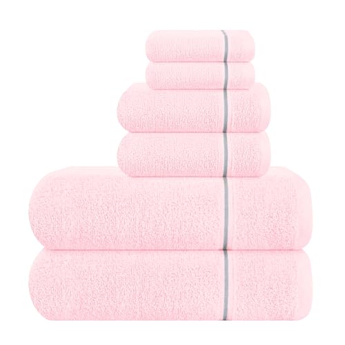MyOwn Ultra Soft 6 Pack Cotton Towel Set, Contains 2 Bath Towels 28x55 inch, 2 Hand Towels 16x24 inch & 2 Wash Coths 12x12 inch, Ideal Everyday use, Compact & Lightweight - Pink - color: Pink, size: 6 Piece Set