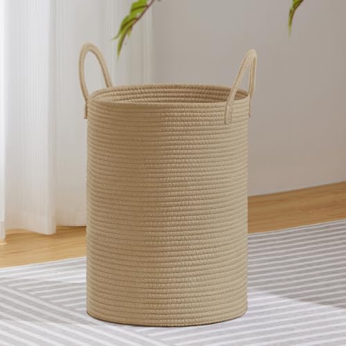 VIPOSCO 58L Tall Woven Laundry Basket Hamper, Jute | Cotton rope laundry hamper, collapsible wicker basket, storage for blanket, toys, dirty clothes, for bedroom, bathroom - color: Jute, size: 58L