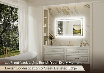 Keonjinn 40 x 24 Inch Beveled Lighted Bathroom Mirror, Frontlit and Backlit | HD Tempered Glass, LED Bathroom Mirror with Light, 3000K/4500K/6000K, Fast Defogging, Stepless Dimmable, Memory Function - size: 24"L x 40"W