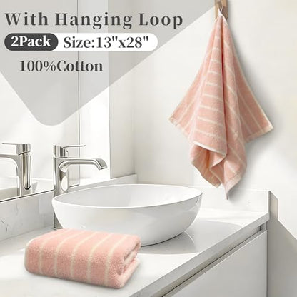 VOOVA & MOVAS Pink Kitchen Hand Towels 2 Pack, 100% Cotton, 13x28 in | Great for Kitchen & Household Use, Hanging Loop, 420GSM, Ultra Absorbent, Soft & Durable, Pink Ground Beige Stripe - color: Pink Ground