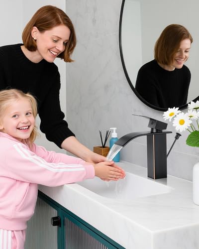 ORB Waterfall Bathroom Faucet Single Handle with Lift Rod Drain | Bathroom Sink Faucet,Stainless Steel,supply hoses Deck included,1 or 3 Hole,Fits home,RV,farmhouse bathrooms - color: A-Oil Rubbed Bronze, style: with Lift Rod Drain