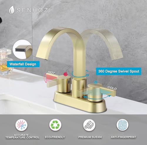 Gold Bathroom Faucet Centerset, 4 Inch Bathroom Sink Faucet 3 Hole | Waterfall Spout, 360 Degree Swivel, with Overflow Pop up Drain, Brushed Gold Bathroom Faucet - color: Brushed Gold