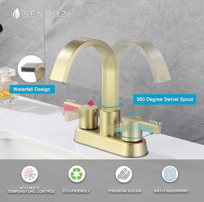 Gold Bathroom Faucet Centerset, 4 Inch Bathroom Sink Faucet 3 Hole | Waterfall Spout, 360 Degree Swivel, with Overflow Pop up Drain, Brushed Gold Bathroom Faucet - color: Brushed Gold