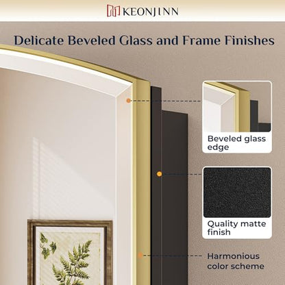 Keonjinn Medicine Cabinet 16 x 26 Inch, Surface Mount or Recessed Cabinets with Mirrors, Gold Metal Framed Wall Mirror with Storage, 2 Adjustable Shelves, Beveled Edge Frame | Adjustable Shelves, Different Curved Frame Design, Wall Mirror with Storage, Su