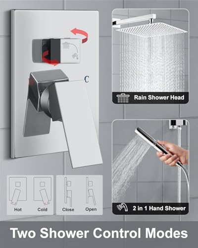 Aolemi Shower System with Rain Head and Handheld,16-Inch,Polish Chrome | High-Pressure Shower Faucet Set with Dual-Function Handheld,Rough-In Valve,1.8 GPM,Wall-Mount Trim Kit - color: Polish Chrome, size: 16 Inch