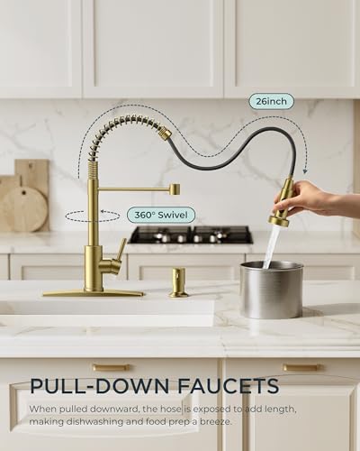 FORIOUS Gold Kitchen Sink Faucet, Pull Down Sprayer, Classic High Arc | Lead-Free Stainless Steel, Single Handle Commercial Spring Kitchen Faucets for Laundry Utility Room, Outdoor Farmhouse Camper - color: Gold