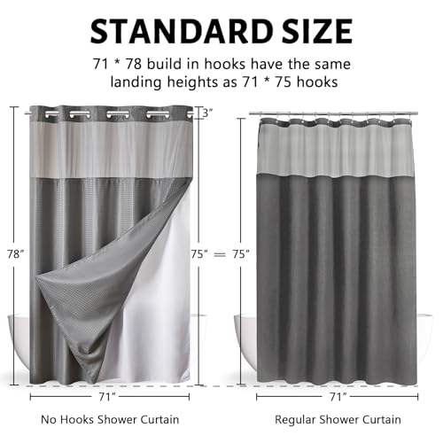 Furlinic No Hook Waffle Weave Shower Curtain with Snap in Fabric Liner,Honeycomb Textured Bathroom Curtains with See Through Top Window,Waterproof & Machine Washable,Light Grey,71x78 Inch - color: Grey, size: 71"W x 78"L (Pack of 1)
