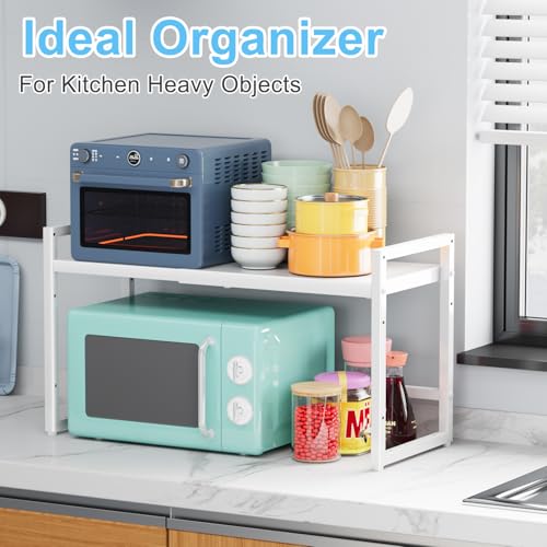 Expandable Kitchen Storage Shelves,110LBS Heavy Duty Metal Shelving Units and Storage For Small Appliance, Adjustable Stackble Storage Shelf Organizer For Kitchen Cabinet Pantry Warehouse Garage,White - size: 11.8"D x 28.9"W x 16.3"H