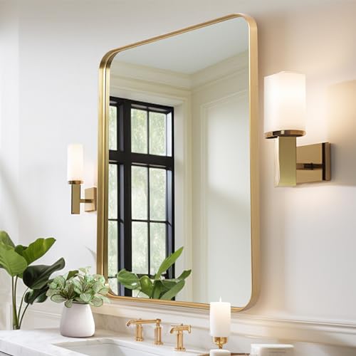 Anpark Wall Mirror 24" x 36" Gold Metal Deep Frame Mirror for Wall Decorative Rectangular Round Corner Wall Mounted Vanity Mirror for Bathroom Living Room Bedroom Entryway Wall Decor - color: Gold, size: 36"L x 24"W