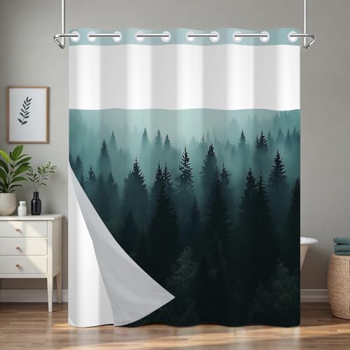 No Hook Shower Curtain with Snap in Liner and Sheer Top Window, Misty Forest Easy Hang Double-layer Waterproof Fabric Shower Curtain, 71x74 Inch Summer Bathroom Shower Curtains Set with Weighted Hem - color: Misty Forest