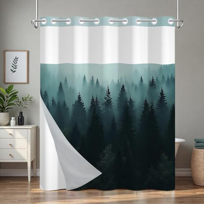 No Hook Shower Curtain with Snap in Liner and Sheer Top Window, Misty Forest Easy Hang Double-layer Waterproof Fabric Shower Curtain, 71x74 Inch Summer Bathroom Shower Curtains Set with Weighted Hem - color: Misty Forest