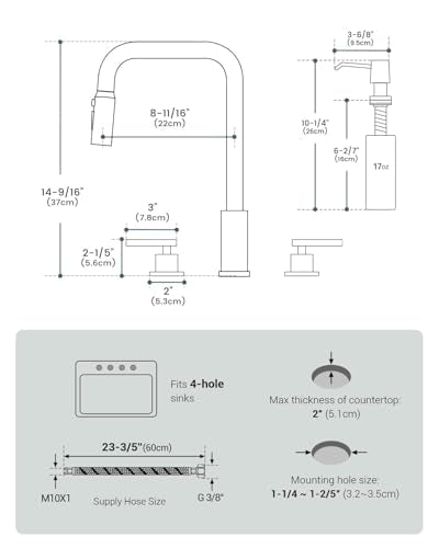 APPASO 4 Hole Widespread Kitchen Faucet with Separate Handle Brushed Nickel | 2 Handle Kitchen Sink Faucet with Pull Down Sprayer and Soap Dispenser, Square Spout Stainless Steel for 3 & 4 Holes Sink - color: 3-Brushed Nickel