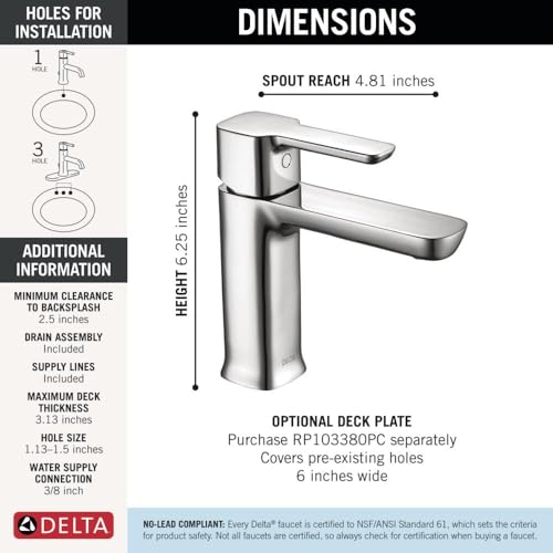 Delta Modern Chrome Bathroom Faucet 1 Hole, Single Hole Bathroom Sink Faucet for Vanity, Push-Pop Drain Assembly, Chrome 581LF-PP