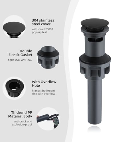 Universal Bathroom Sink Drain Stopper with Overflow, Pop Up, Matte Black | Bathroom Sink Stopper for Vessel Sink, Push and Seal Vessel Sink Drainer Stopper, Anti-Clogging Strainer - color: Matte Black