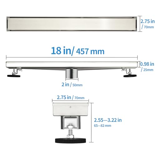 Linear Shower Drain ，18 Inch Brushed 304 Stainless Steel Rectangle Shower Floor Drain，with Reversable Tile-inPattern Drain Cover & Hair Catcher, Adjustable Feet - color: Brushed Nickel, size: 18inch