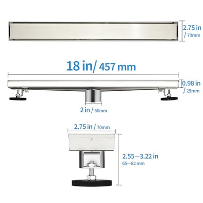 Linear Shower Drain ，18 Inch Brushed 304 Stainless Steel Rectangle Shower Floor Drain，with Reversable Tile-inPattern Drain Cover & Hair Catcher, Adjustable Feet - color: Brushed Nickel, size: 18inch