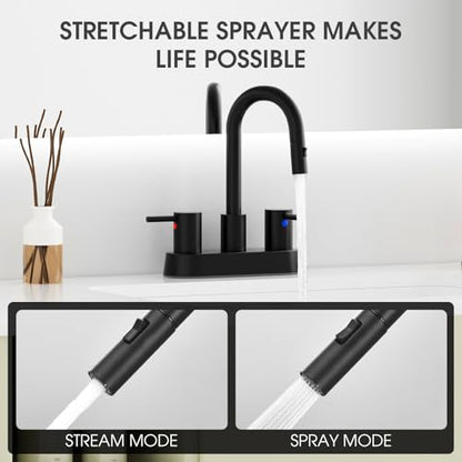 Stainless Steel Matte Black Bathroom Faucet with Pull Out Sprayer, Black Dual-Function Spout Bathroom Sink Faucet, 4 Inch Two Handle Utility Sink Faucet with Sprayer 3 Hole, Pet Shower, RVs - color: Matte Black