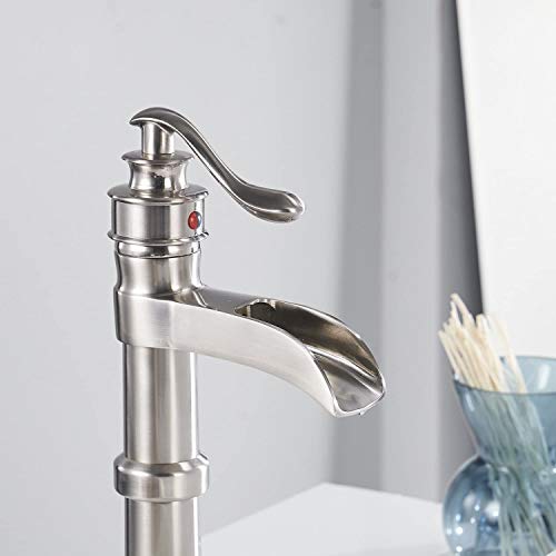Waterfall Vessel Sink Faucet Single Hole Brushed Nickel | Bath Vanity, Commercial Deck Mount, Single Handle, Pop Up Drain and Supply Lines Included, Smooth Round Safe Edges - color: Brushed Nickel