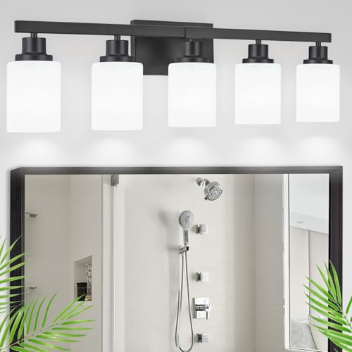 Bathroom Vanity Light, 5-Light Vanity Lighting Fixture Over Mirror for Bathroom, 30" Matte Black Wall Light Fixture, Wall Sconces with Frosted Glass Shade for Mirror Bedroom Living Room - color: Black, size: 5-Light