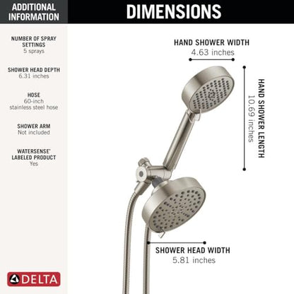 Delta Round 2-in-1 Dual Shower Head with 4-Setting HandHeld Spray, Brushed Nickel Detachable Double Shower Head with Hose, Showerhead, 1.75 GPM Flow Rate, Stainless 75756SS - color: Stainless