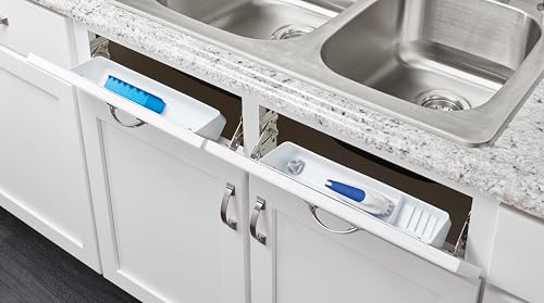 Rev-A-Shelf 14" Tip-Out Plastic Sink Trays for Kitchen and Bathroom Base Cabinet, Pull Out Vanity Shelf Home Organizer, White, 6572-14-11-52 - size: 14" W