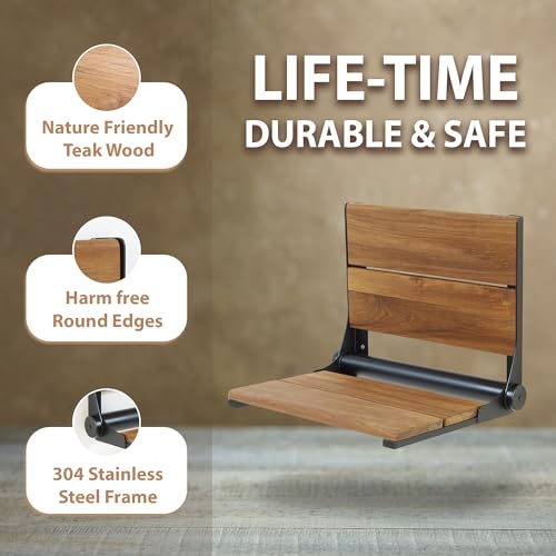 Teak Shower Seat - Contour Wood / Folding Wall Mount Bench for Inside Shower / ADA Safety Assist / 304 Stainless Steel / Matte Black / 26" x 16" - color: Matte Black, Teak, size: 26" x 16"