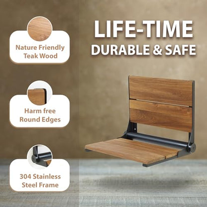 Teak Shower Seat - Contour Wood / Folding Wall Mount Bench for Inside Shower / ADA Safety Assist / 304 Stainless Steel / Matte Black / 26" x 16" - color: Matte Black, Teak, size: 26" x 16"