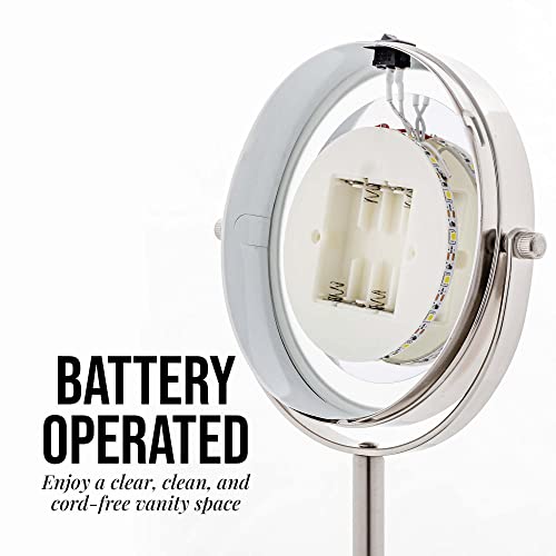 OVENTE Lighted Vanity Mirror 6 Inch Table Top 1X 7X Magnification LED 360 Adjustable Double Sided Spinning Personal Makeup Stand Desk Bathroom Battery Powered Round Large Nickel Brushed MLT60BR1X7X - color: Nickel Brushed, size: 11.3"L x 5.9"W (Pack of 2)