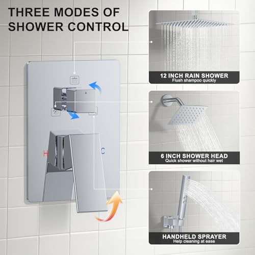 Rain Shower System 12" & 6" Dual Shower Heads Ceiling Shower Faucet Set | Ideal for bathroom remodels and upgrades with 12" rain shower, 6" angled shower, handheld spray and complete valve kit. - color: Polished Chrome, size: Ceiling Mounted - 12"+6" Show