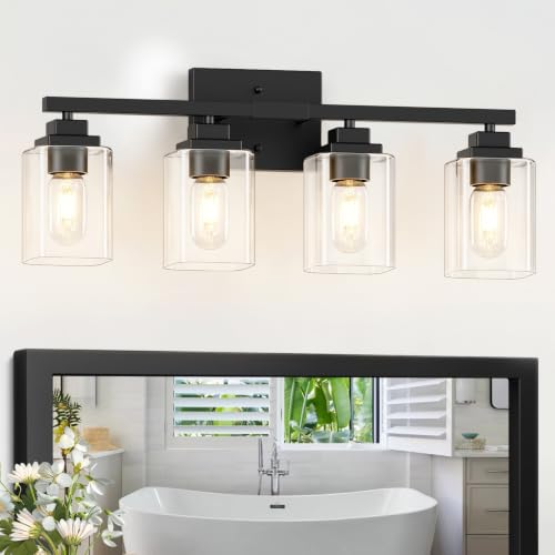 Matte Black Bathroom Vanity Light, 4-Light Modern Vanity Lighting Fixtures Over Mirror with Clear Glass Shade,Square Design,Wall Sconces for Living Room Cabinet Bedroom,E26 Socket - size: 4-Light