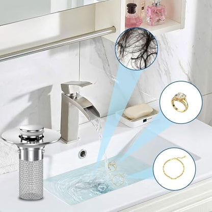 Bathroom Sink Drain Strainer with Pop Up Stopper, Stainless Steel Removable Filter Basket Hair Catcher, Anti-Clog Sink Drain Filter for Bathroom Sink (1 Pack)