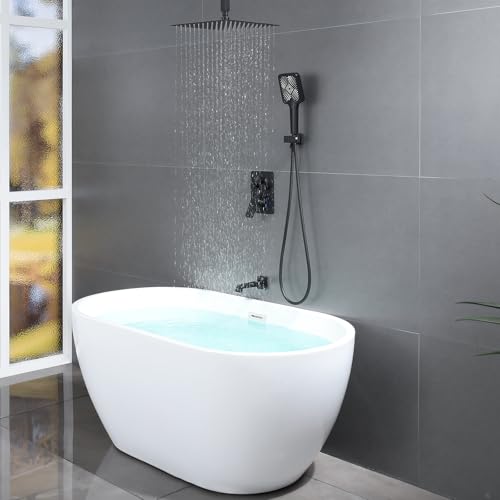 Bathtub Shower Faucet Set with Pressure Balance Valve, 12" Ceiling Mount Shower System with Tub Spout Multi-function Handheld Head Push Button Diverter Shower Trim Kit, Matte Black - color: Matte Black, style: 12"-Square-Tub-01