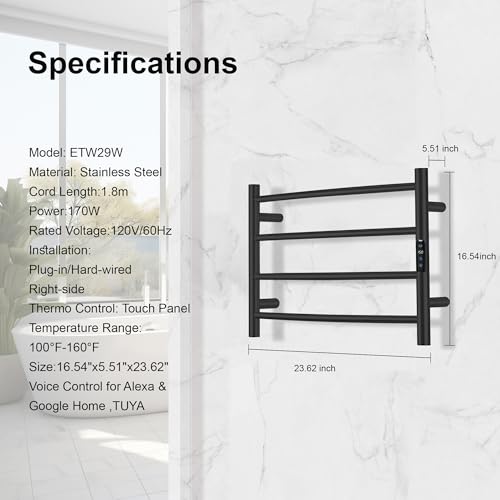 Electric Towel Rack with Voice Control for Alexa & Google Home,TUYA - Wall-Mounted Bathroom Heating Towel Warmer,Plug-in,Stainless Steel Material,16.54x23.62x5.51 in,Black,4 Bars - color: Black With Wifi, size: 4 Bar