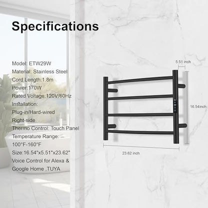 Electric Towel Rack with Voice Control for Alexa & Google Home,TUYA - Wall-Mounted Bathroom Heating Towel Warmer,Plug-in,Stainless Steel Material,16.54x23.62x5.51 in,Black,4 Bars - color: Black With Wifi, size: 4 Bar