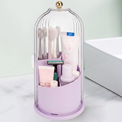 QIYVLOS Toothbrush Holders with Sliding Lid, Rotating 3 Slots Bathroom Organizer Countertop, Tooth Brush Toothpaste Holder Bathroom Counter Stand Sink Organizer for Makeup Brushes Holder (Purple) - color: Purple+transparent