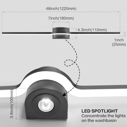 Bathroom Lighting Fixtures Over Mirror– 48 Inch Black Vanity Light for Bathroom LED Dimmable 6000K Cool White with Dual Lighting Design 26W 2080lm Modern Matte Black Aluminum - size: 48 Inch