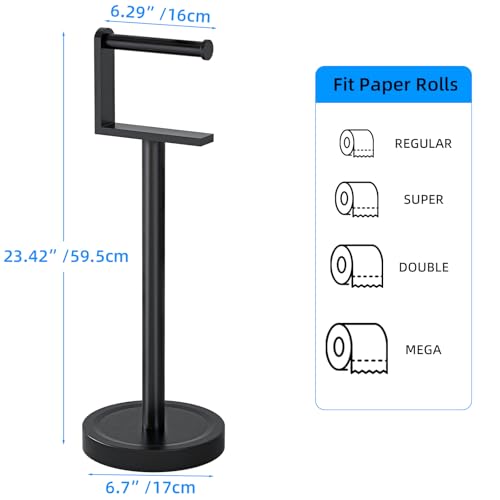 Heavy Duty Toilet Paper Holder Stand, Stable Weighted Base Toilet Paper Holder Free Standing, Stainless Steel Bathroom Free Standing Toilet Paper Roll Holder, Matte Black Tissue Rack - color: Black
