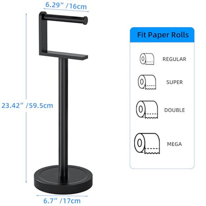 Heavy Duty Toilet Paper Holder Stand, Stable Weighted Base Toilet Paper Holder Free Standing, Stainless Steel Bathroom Free Standing Toilet Paper Roll Holder, Matte Black Tissue Rack - color: Black
