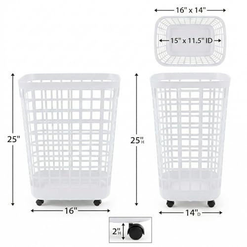 Heavy Duty Rolling Laundry Hamper with Wheels - 2.6 Bushel (90L+) Large Plastic Laundry Basket, Tall Ventilated Dirty Clothes Organizer for Bedroom, Bathroom & Dorm Room, No Assembly Required (White) - size: White