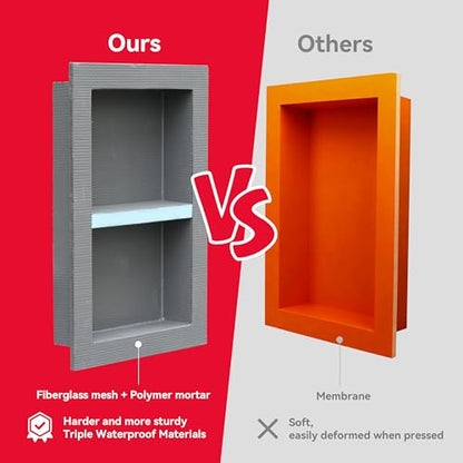Shower Niche Insert Tile Ready 12x12 | Embedded size 13x13, mortar surface for strong tile bonding, waterproof coating for double water protection, double shelf - size: 12" x 12"