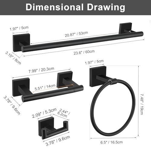 Matte Black Towel Bar Set, 5 Pieces Double Dase Toilet Paper Holder Bathroom Hardware Set, 23.6 Inch Stainless Steel Towel Racks for Bathroom Wall Mounted - color: Matte Black, size: 5pieces C