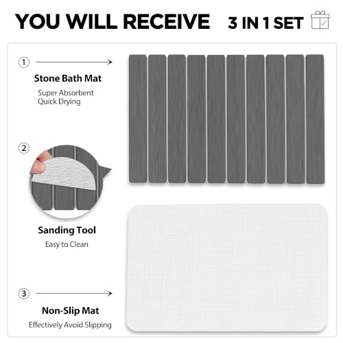 Foldable Stone Bath Mat 60x39cm | Quick-Dry Diatomaceous Earth Bath Rug with PVC Anti-Slip Base | Bathroom, Kitchen, Pet-Friendly Water Absorbent Mat - color: Grey