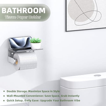 Polished Chrome Toilet Paper Holder with Phone Shelf, Wall Mounted | Sturdy 304 Stainless Steel, Fits Bathroom, Restroom, Powder Room, Heavy Duty Paper Roll & Tablet Storage Tissue Dispenser - color: Polished Chrome, size: Single Rod