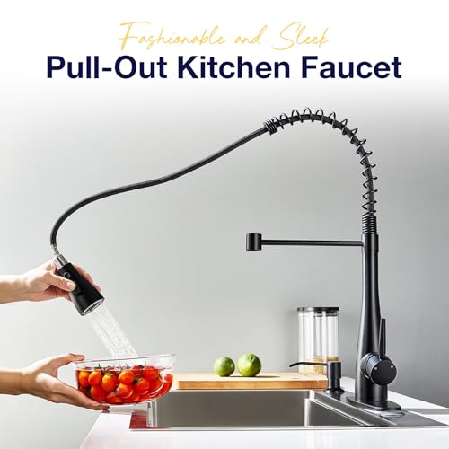 Kitchen Faucets with Pull Down Sprayer, High Arc Single Handle Classic Stainless Steel Sink Faucet 1 or 3 Hole, Suitable for Farmhouse Camper Laundry Rv Bar, Matte Black - color: Matte Black, style: Modern