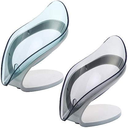 H&W 2Pcs Self Draining Soap Holder,Suction Cup Soap Dish,Shower Soap Bar Holder,Leaf Shape Soap Holder,Soap Dish Dispenser for Shower, Bathroom, Kitchen Sink (Grey + Blue)