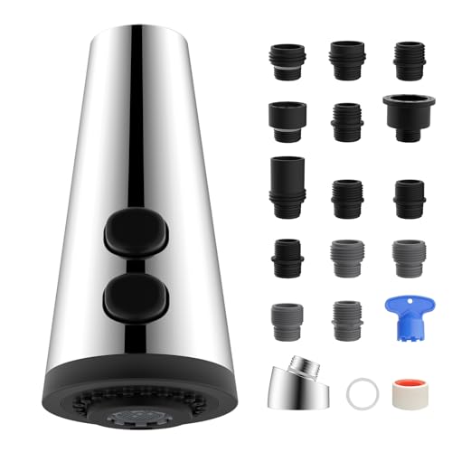 4 Function Kitchen Faucet Head Replacement, Universal Fit, Silver Chrome | NSF/ANSI/CAN 372 Certified, Pull Down Kitchen Sprayer Head, 15 Adapters Compatible with American Standard/Kohler/Moen/Delta - color: Chrome, style: 4 Modes Design