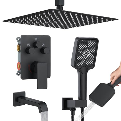 Bathtub Shower Faucet Set with Pressure Balance Valve, 12" Ceiling Mount Shower System with Tub Spout Multi-function Handheld Head Push Button Diverter Shower Trim Kit, Matte Black - color: Matte Black, style: 12"-Square-Tub-01