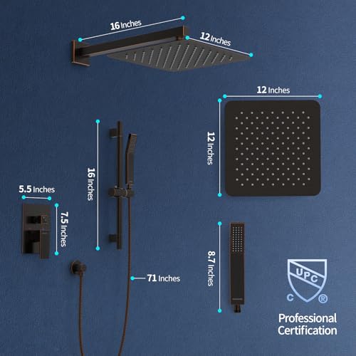SR SUN RISE 12 Inch Square Shower System with Slide Bar,Oil Rubbed Bronze | Rain Head and Handle System,16" Adjustable Shower Slide Bar,Soild Brass,Wall Mount,Included Valve and Trim Kit - color: Oil Rubbed Bronze, size: 12 Inch